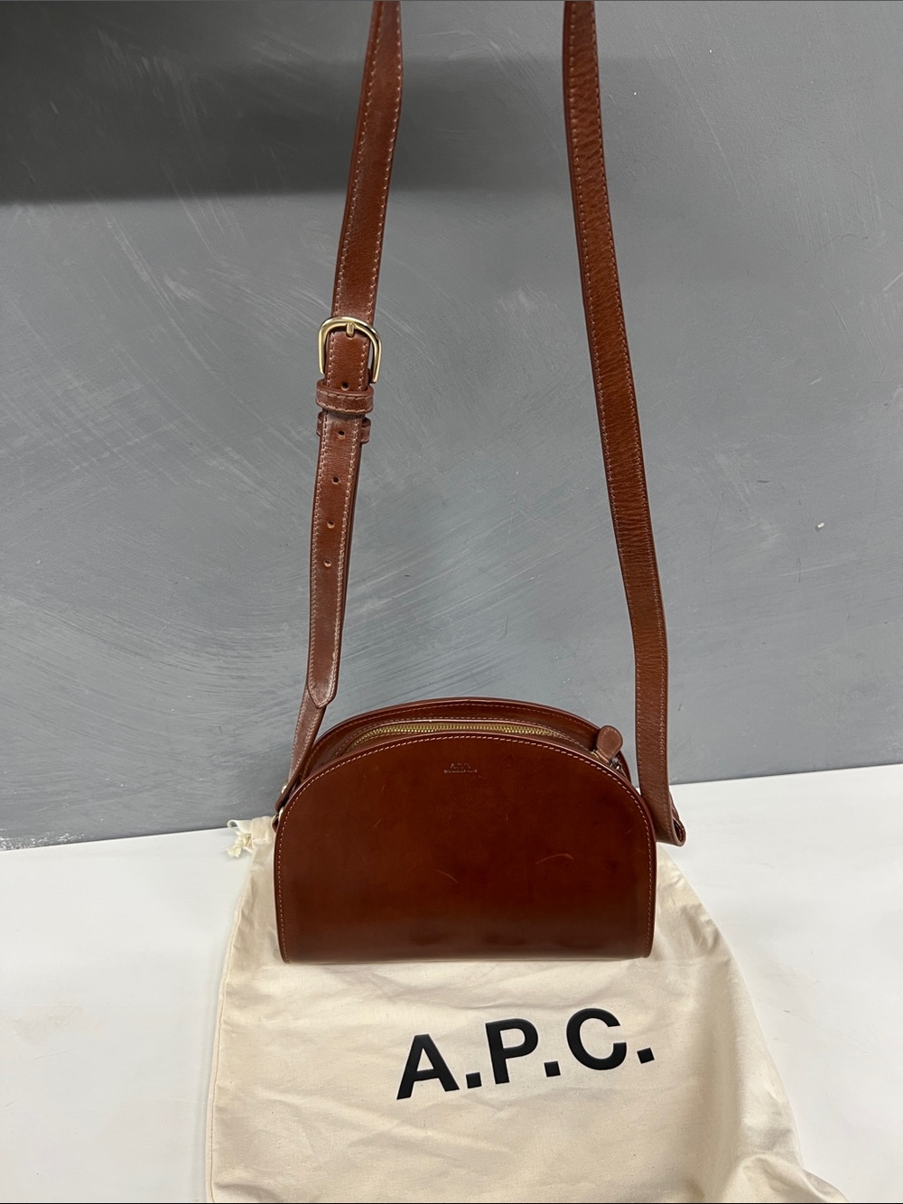 A.P.C. Leather Half-Moon Crossbody in Rich Chestnut